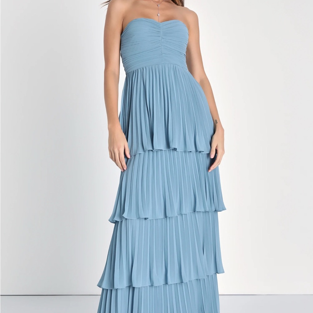 Formal Blue Strapless Pleated Dress